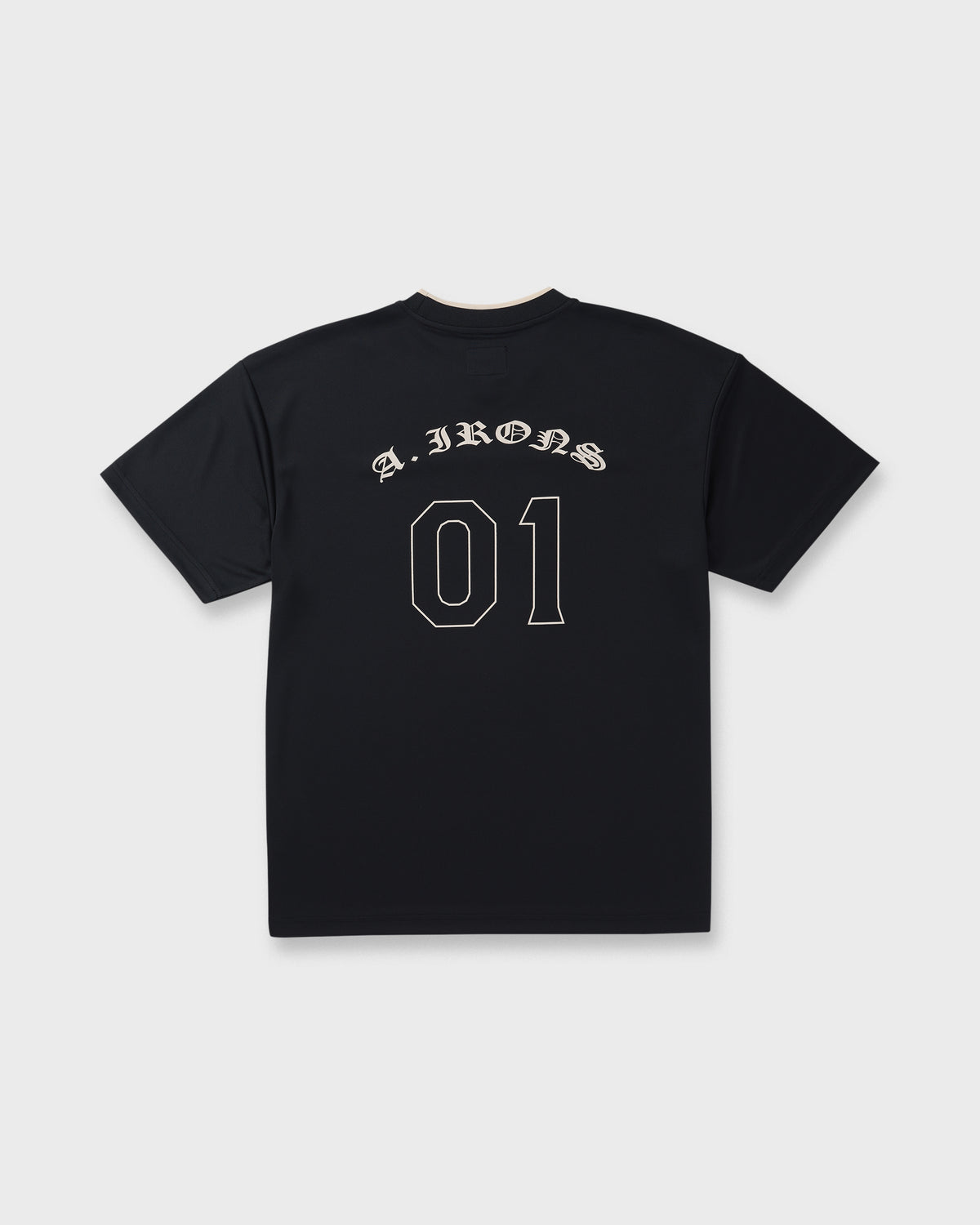 Black short sleeve t-shirt with "A. IRONS 01" text and outline graphics printed on back.
