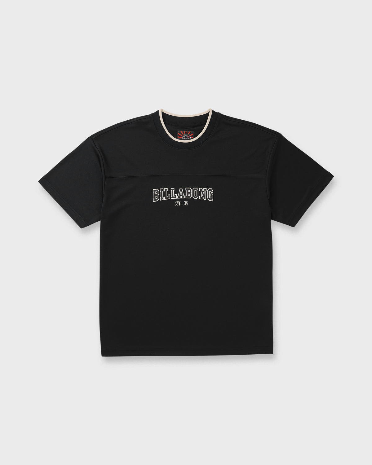 Black short-sleeve t-shirt with "Billabong" text graphic on chest and white contrast neckline.
