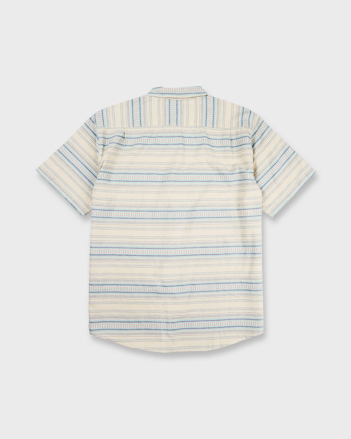 Desert sand and blue striped short-sleeve button-up shirt displayed flat on neutral background.