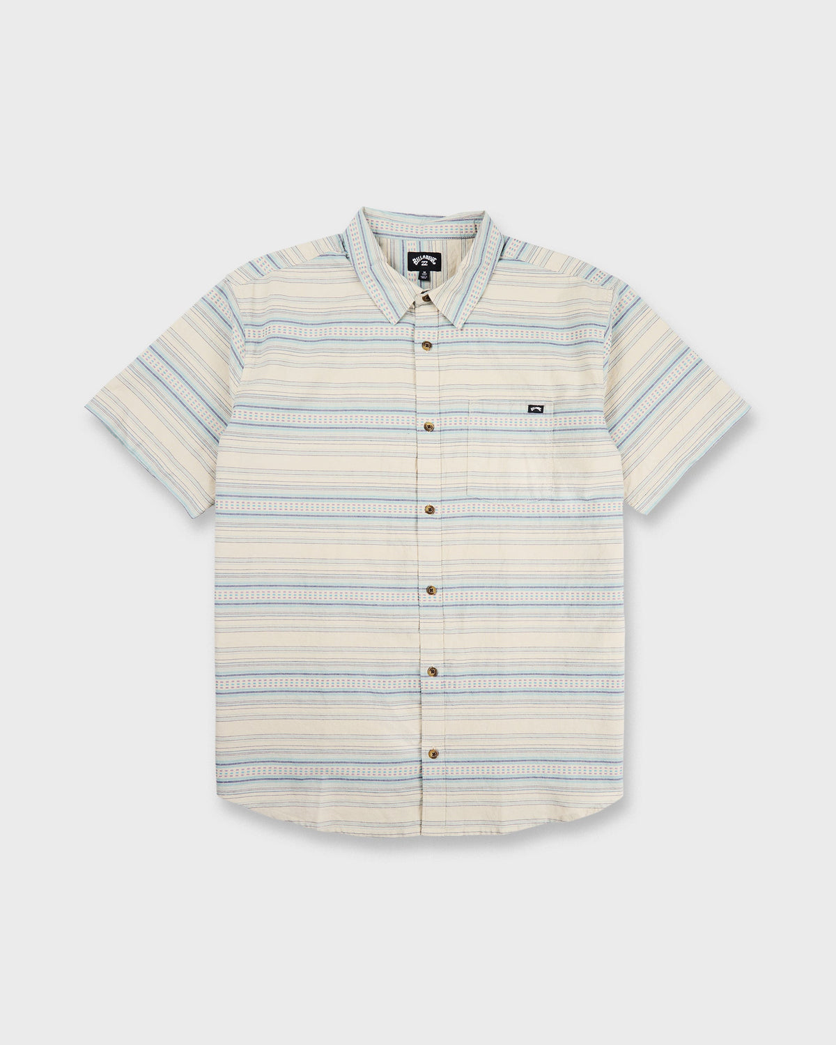 Short sleeve button-up shirt with horizontal stripes in cream, tan, and blue with a chest pocket.