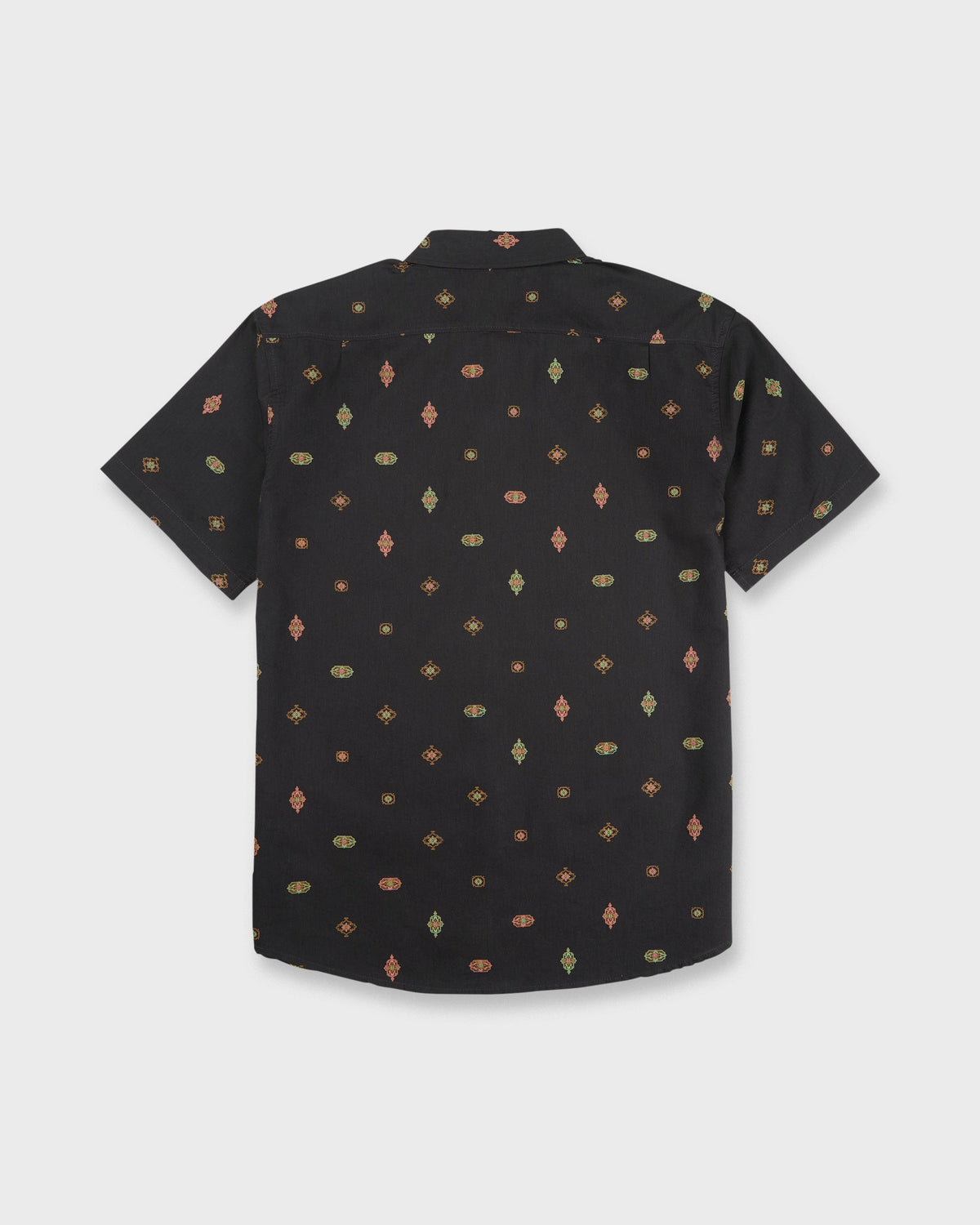 Black short sleeve shirt with multicolored geometric diamond and circle pattern throughout.