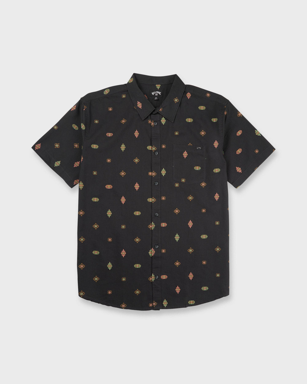 Black short-sleeve button-up shirt with small geometric print in gold, copper, and olive tones throughout.