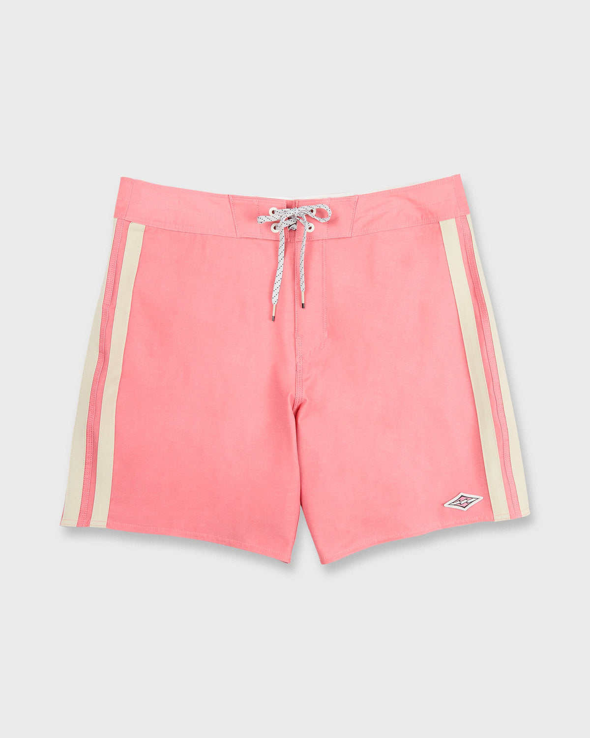 Dusty pink boardshorts with cream side stripes, drawstring waist, and small logo patch on right thigh.