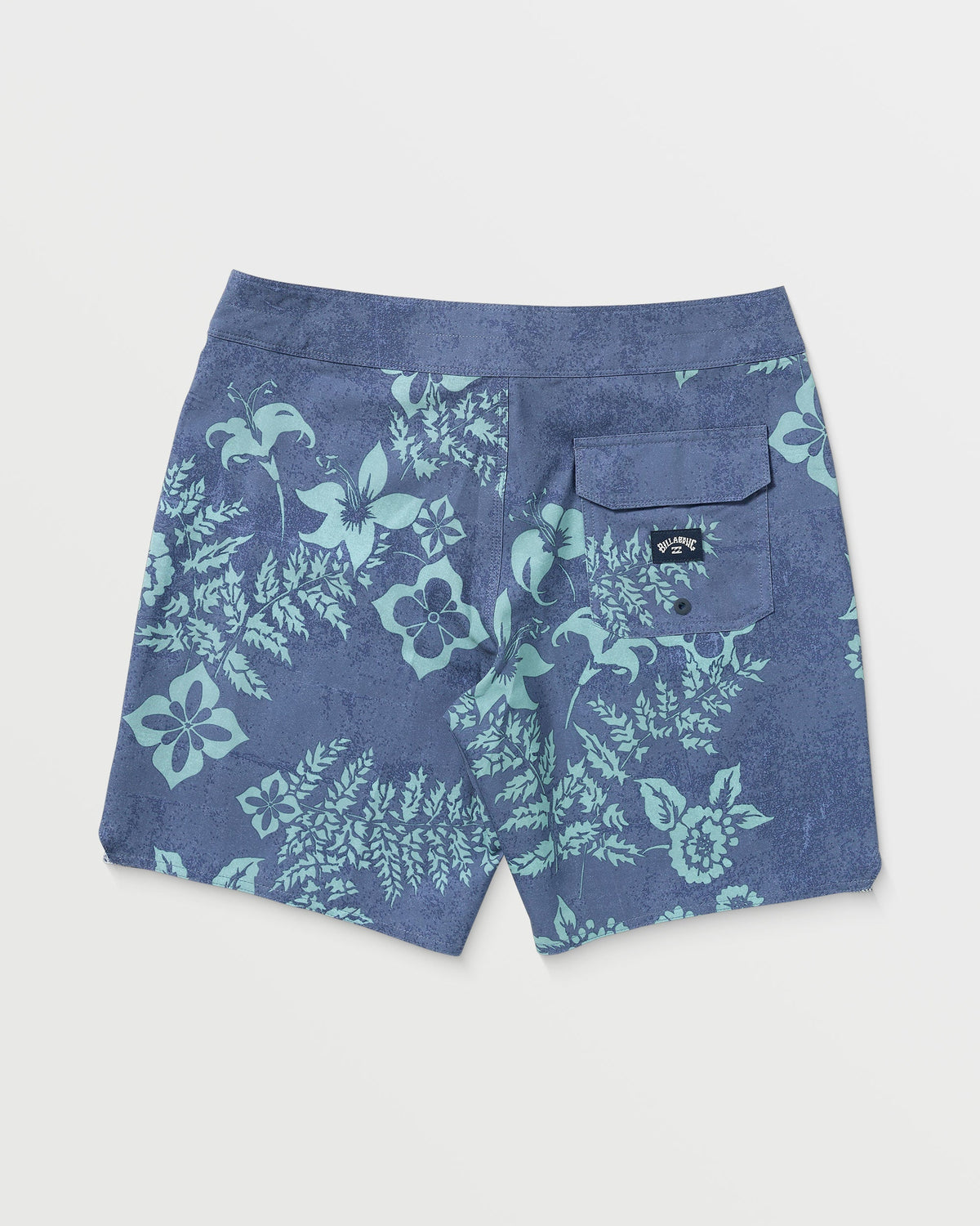 Blue fog boardshorts with light blue floral and botanical print, back pocket visible.