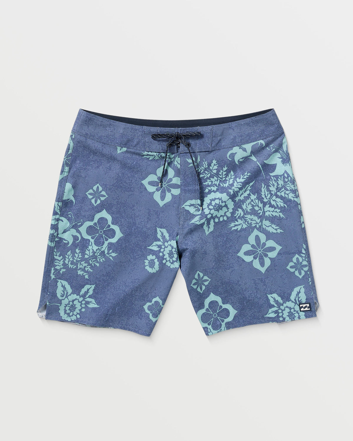 Blue boardshorts with light green floral and botanical print throughout, drawstring waist, and dark navy trim.