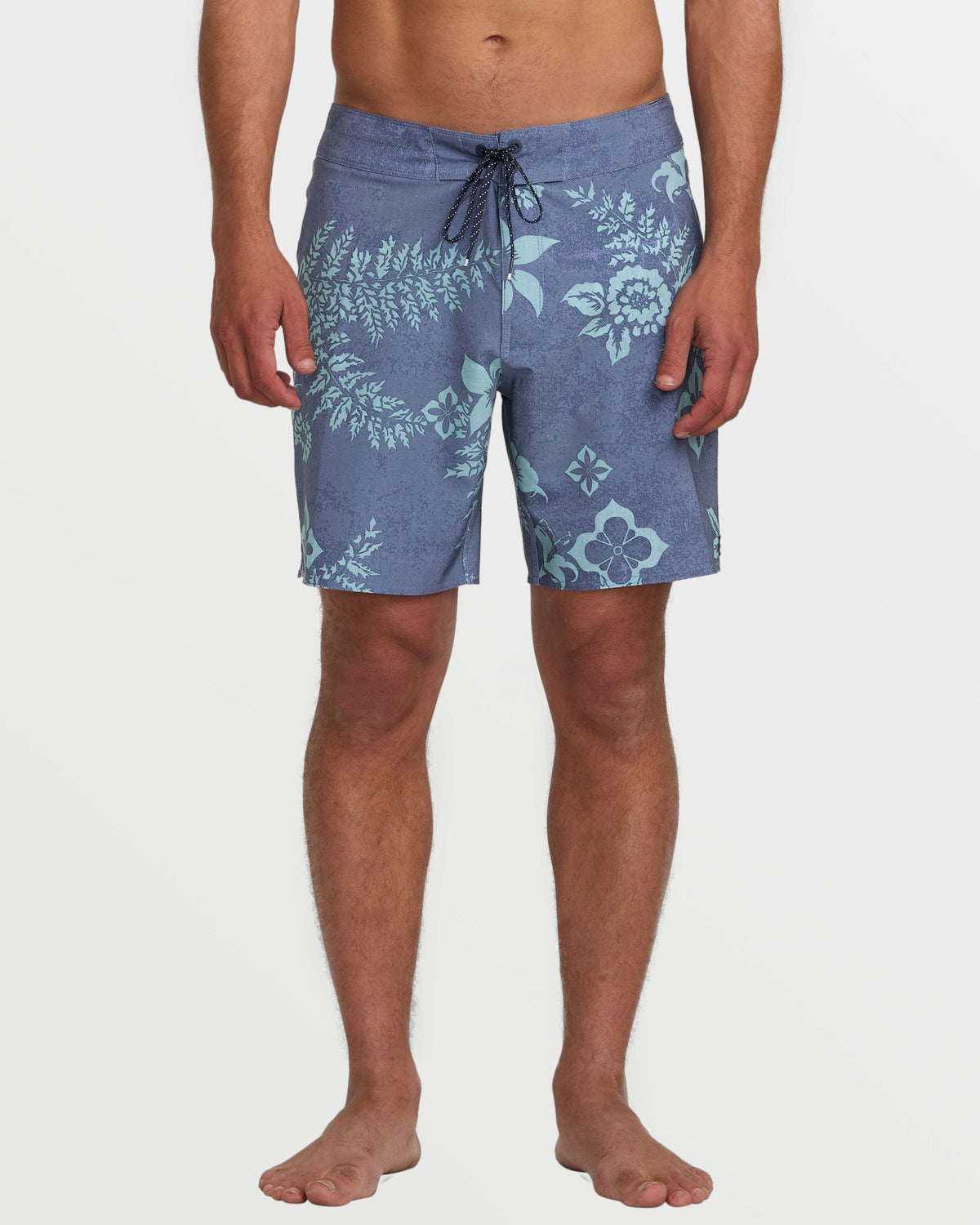 Blue-gray boardshorts with light green floral and botanical print, drawstring waist, 18-inch length.
