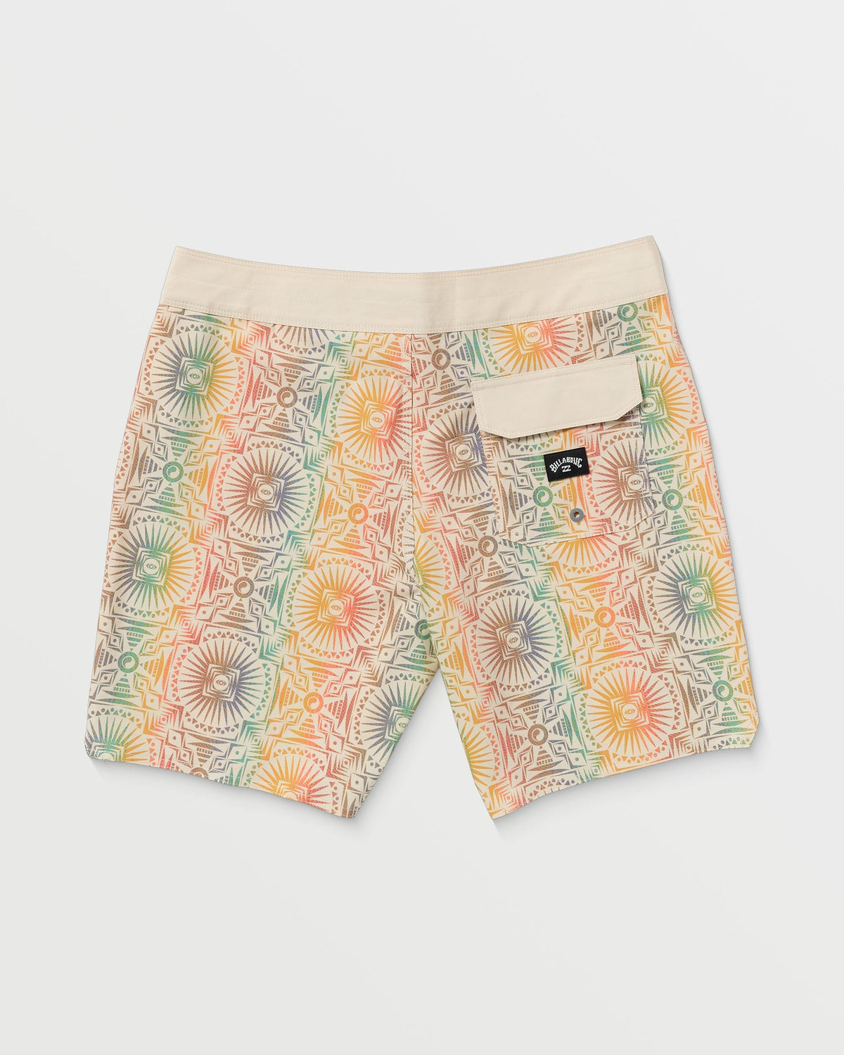 Desert sand boardshorts with geometric sunburst pattern in orange, green, and coral tones, featuring solid waistband and back