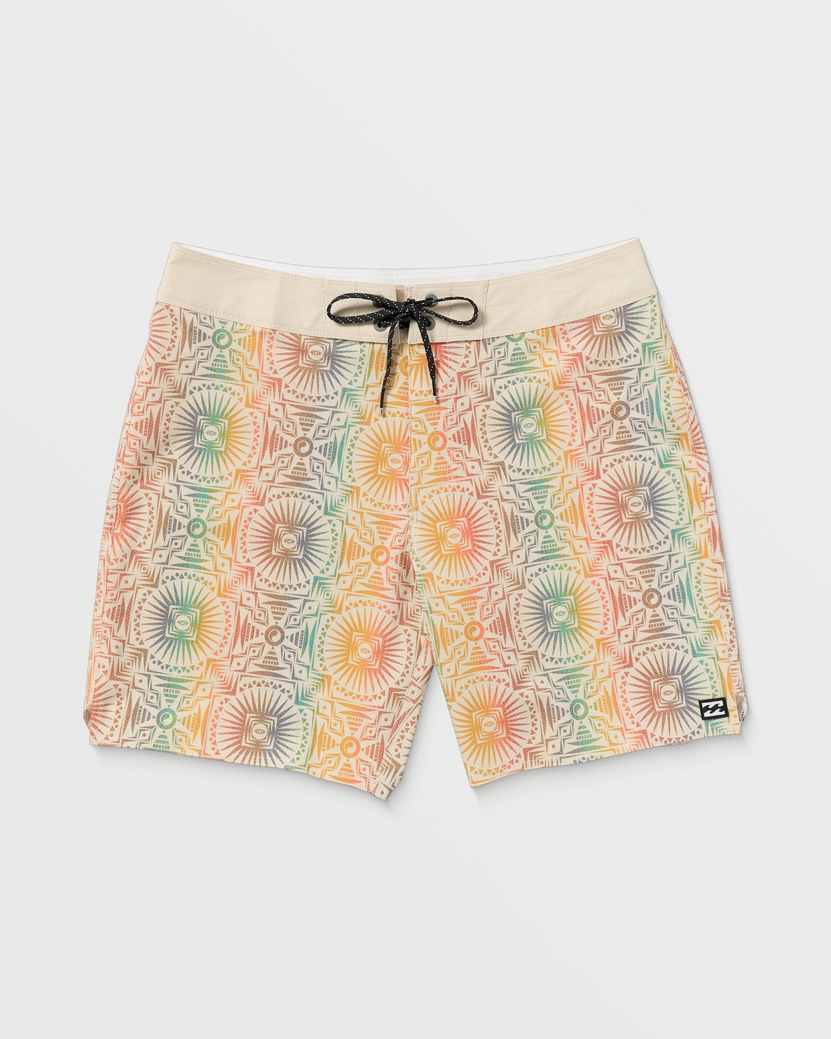 Tan boardshorts with geometric and sunburst pattern in orange, green, and coral, black drawstring waistband.