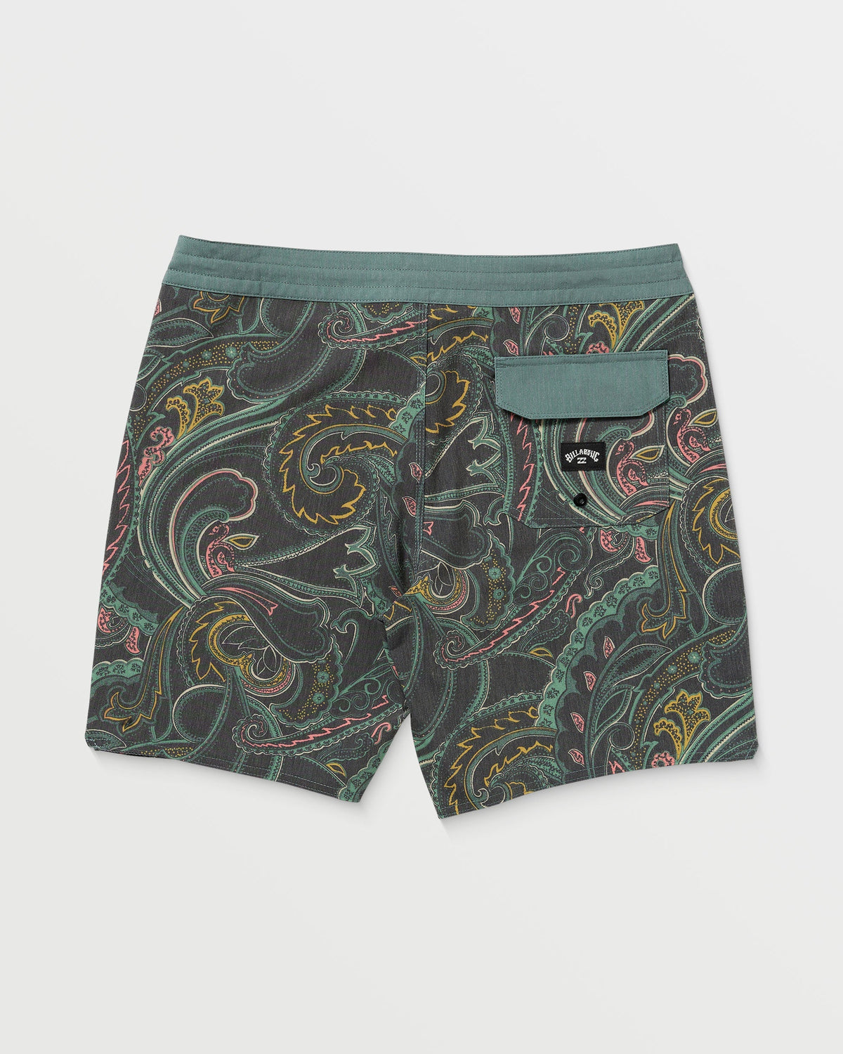 Dark slate boardshorts with ornate paisley pattern in gold, green, and red accents, elastic waistband, and back pocket.