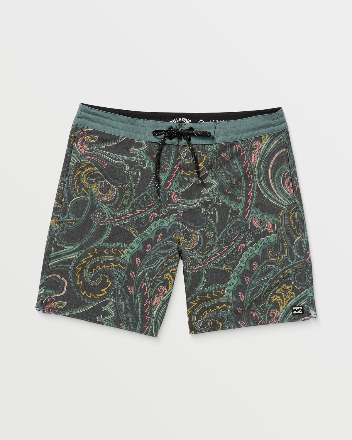 Dark slate boardshorts with multicolored paisley and ornamental pattern, drawstring waist, and teal waistband.