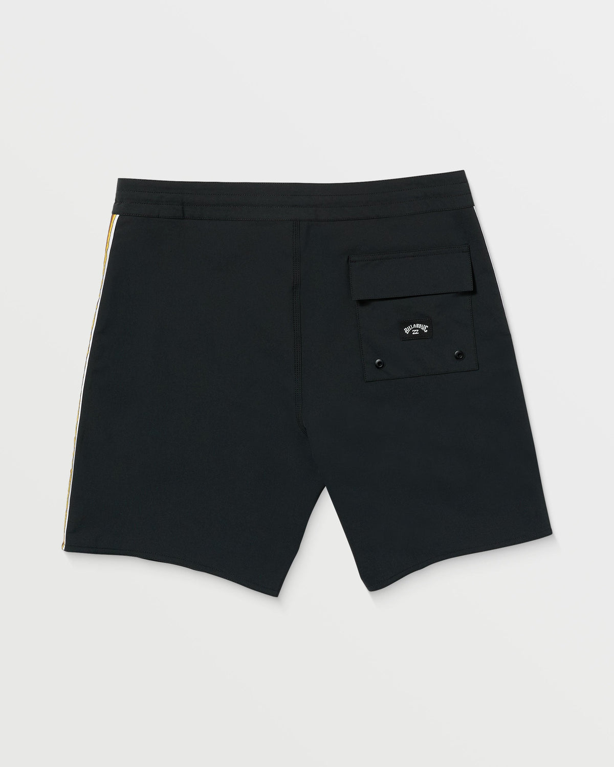 Black boardshorts with gold side stripe, back patch pocket, and Billabong logo.