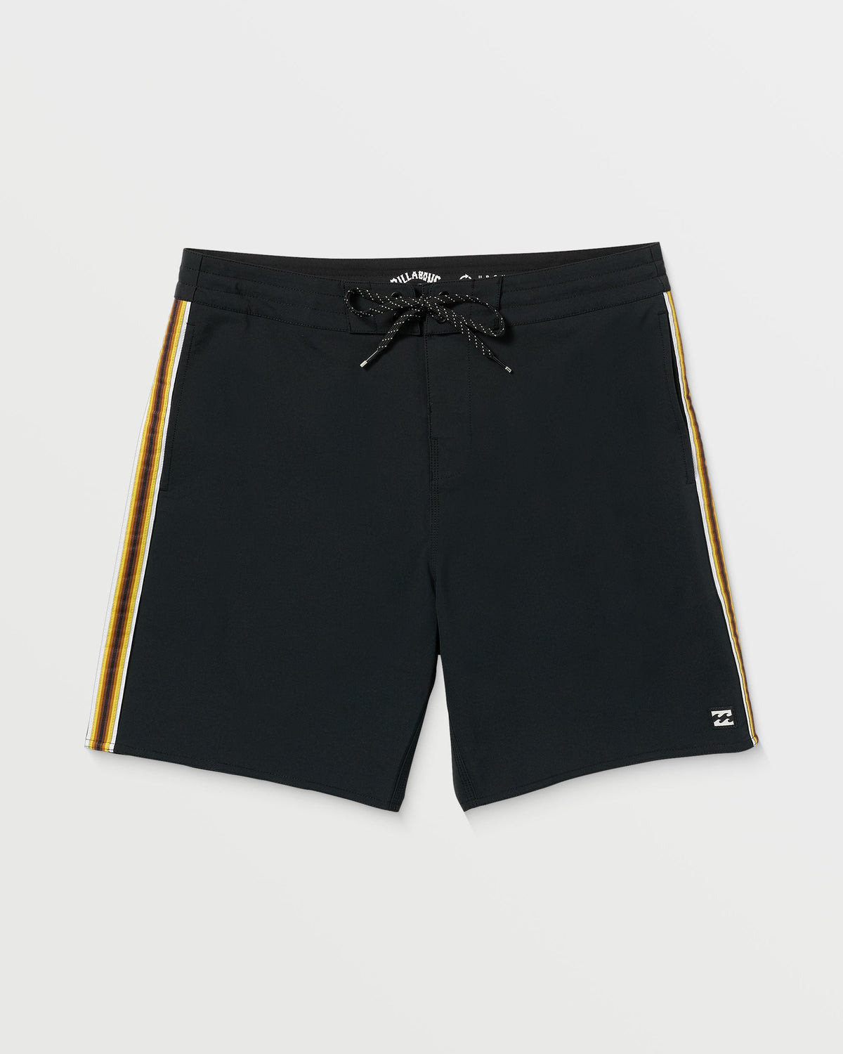 Black boardshorts with gold and white side stripes and drawstring waist.