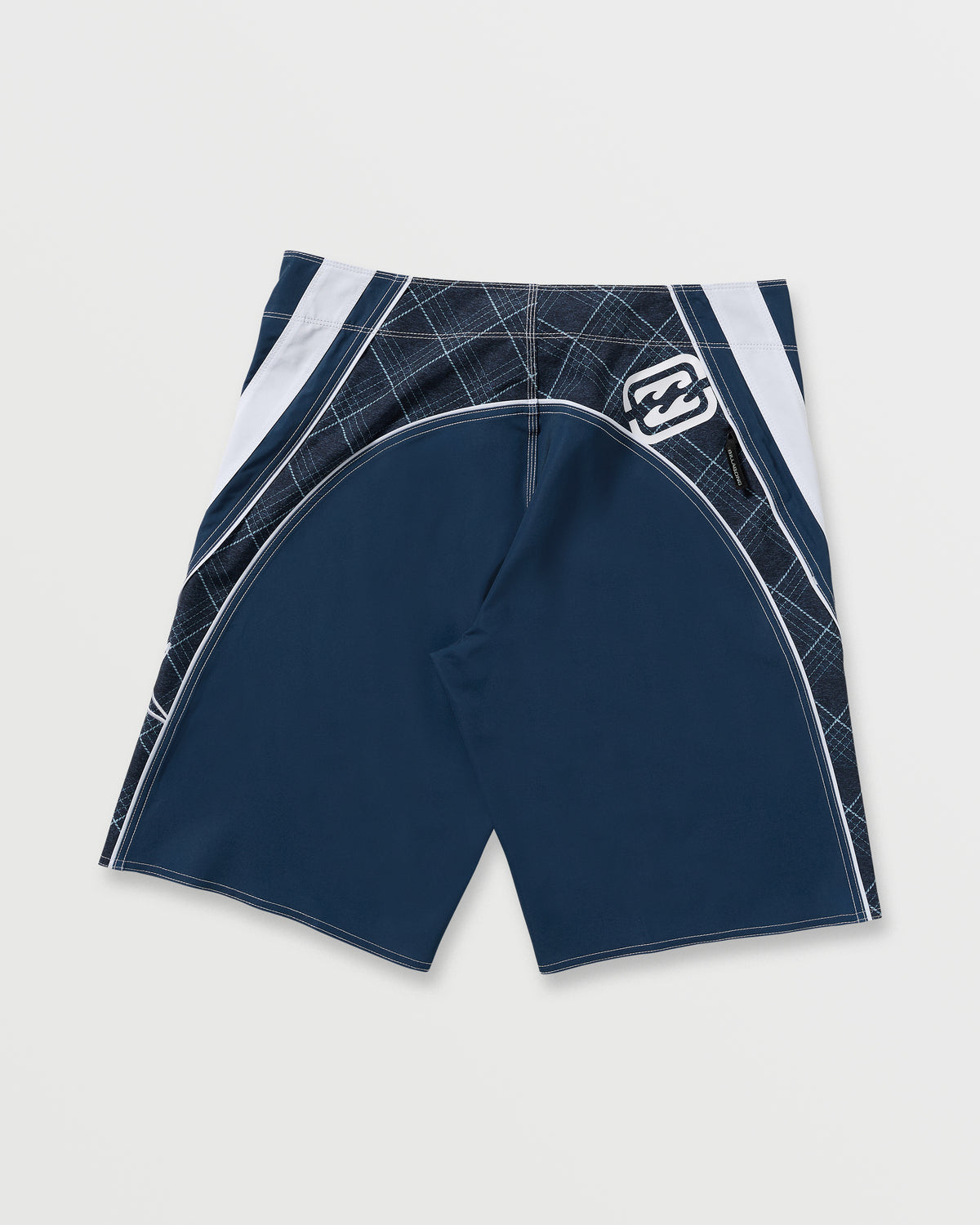 Midnight blue boardshorts with white side panels, geometric pattern on upper thighs, and contrast stitching.