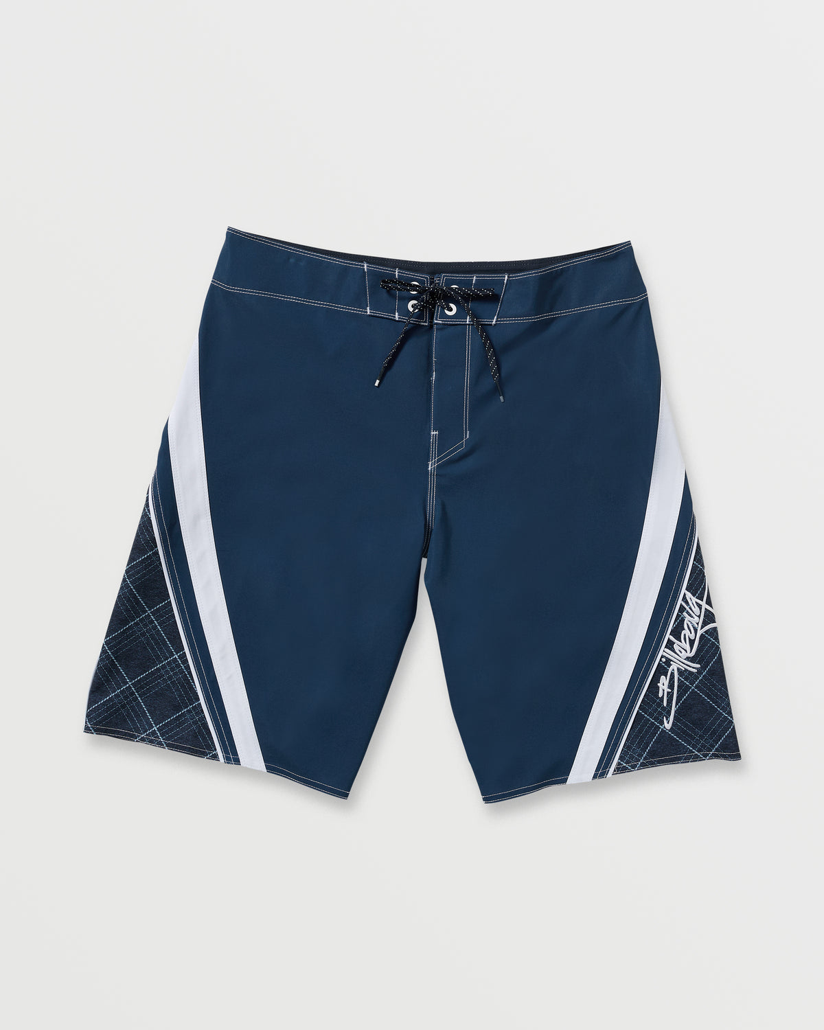 Midnight blue boardshorts with white side panels, drawstring waist, and contrasting stitching.