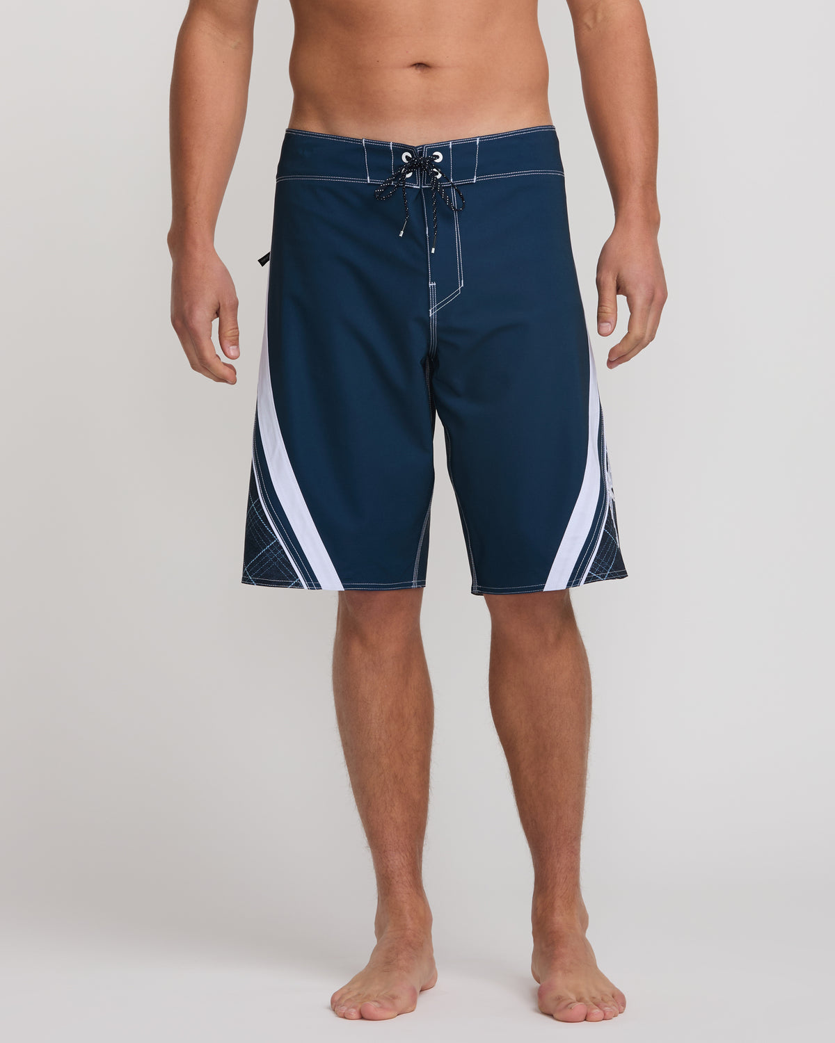 Midnight blue boardshorts with white side panels and contrasting stitching, drawstring waist closure.