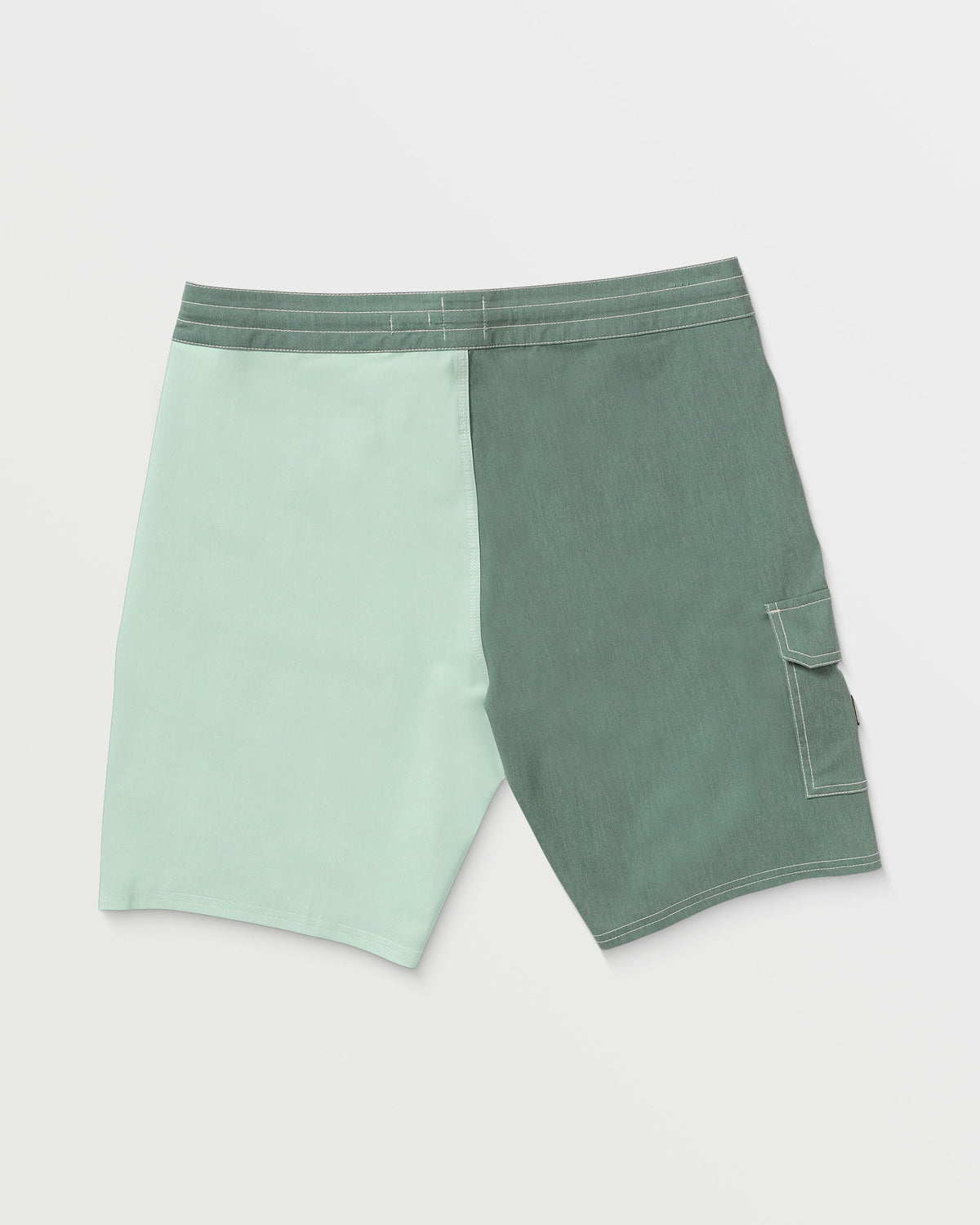 Green tea and mint color-block boardshorts with cargo pocket and contrast stitching detail.