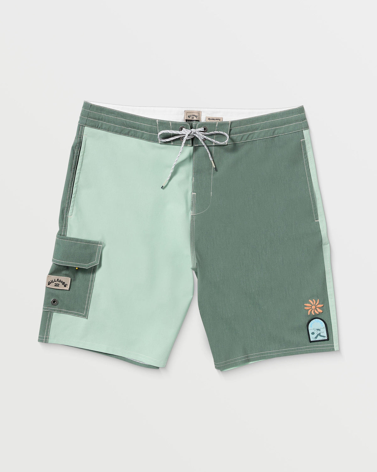 Green and light green colorblock boardshorts with drawstring waist, cargo pocket, and embroidered logo patches.