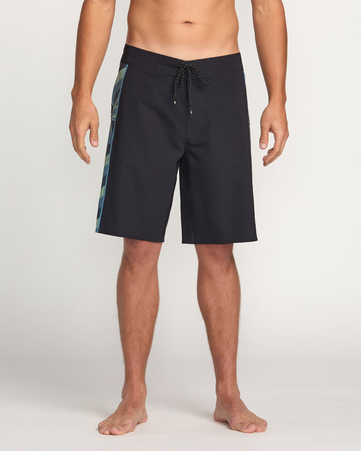 Black boardshorts with blue and green stripe detail on side, drawstring waist, knee-length cut.