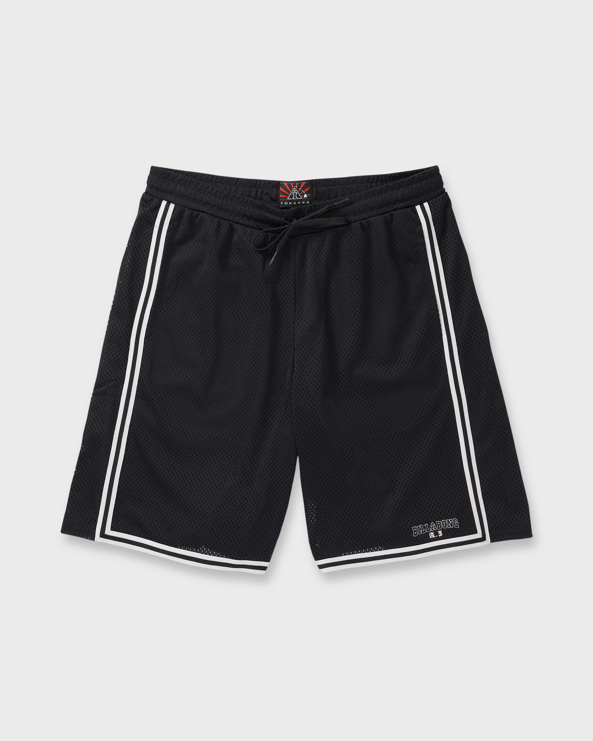Black mesh shorts with white side stripes, drawstring waistband, and white trim detailing.