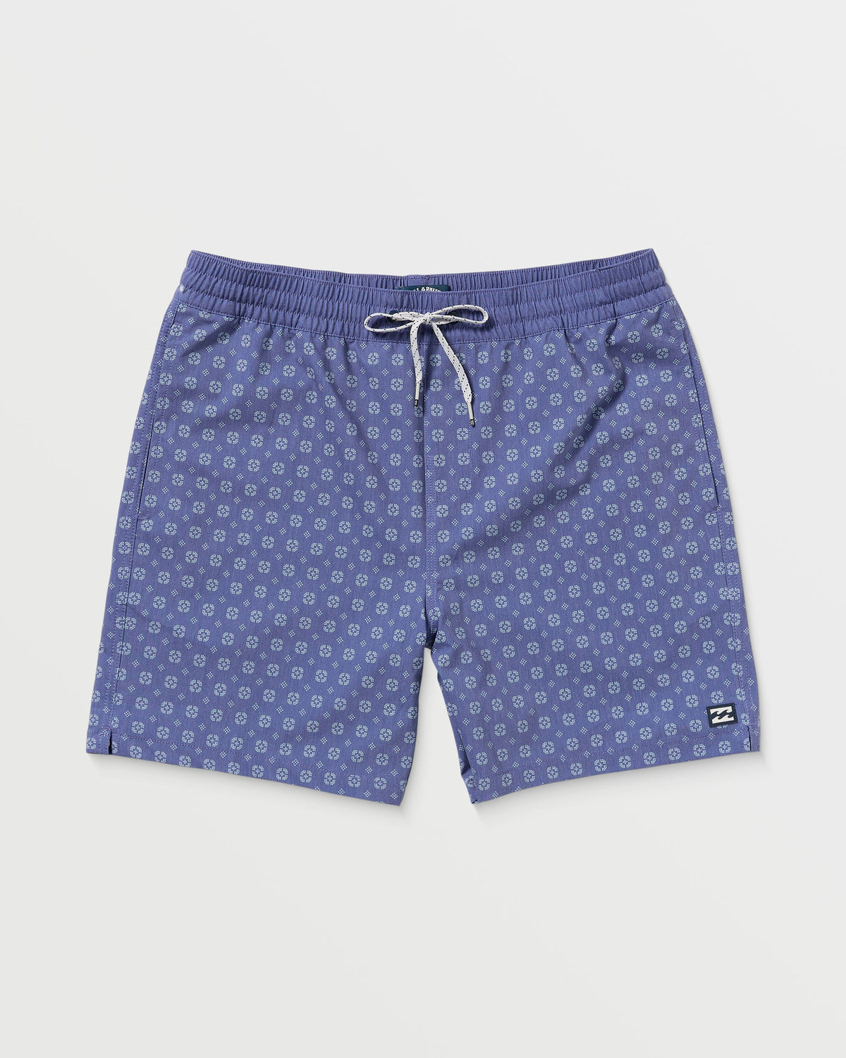 Deep blue swim trunks with small geometric pattern, drawstring waist, and side pocket detail.
