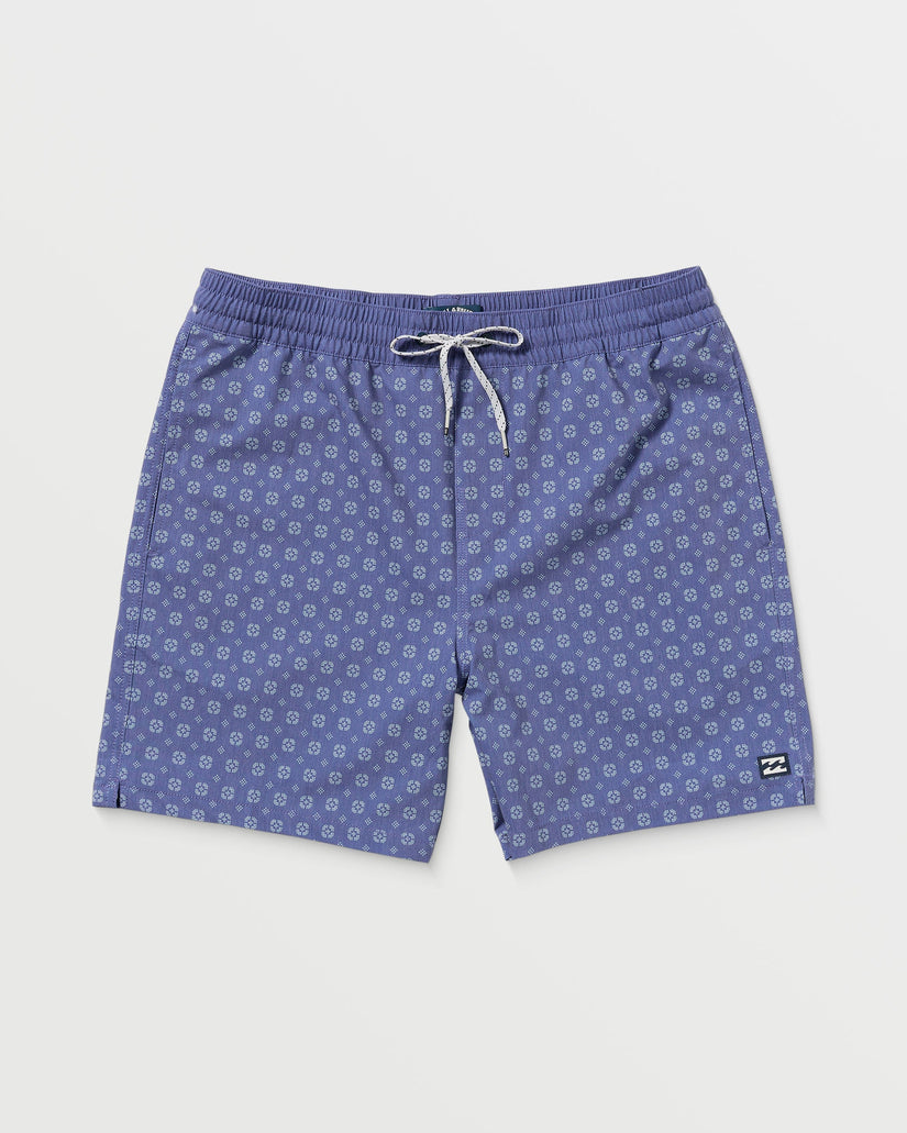 Deep blue swim trunks with small geometric pattern, drawstring waist, and side pocket detail.