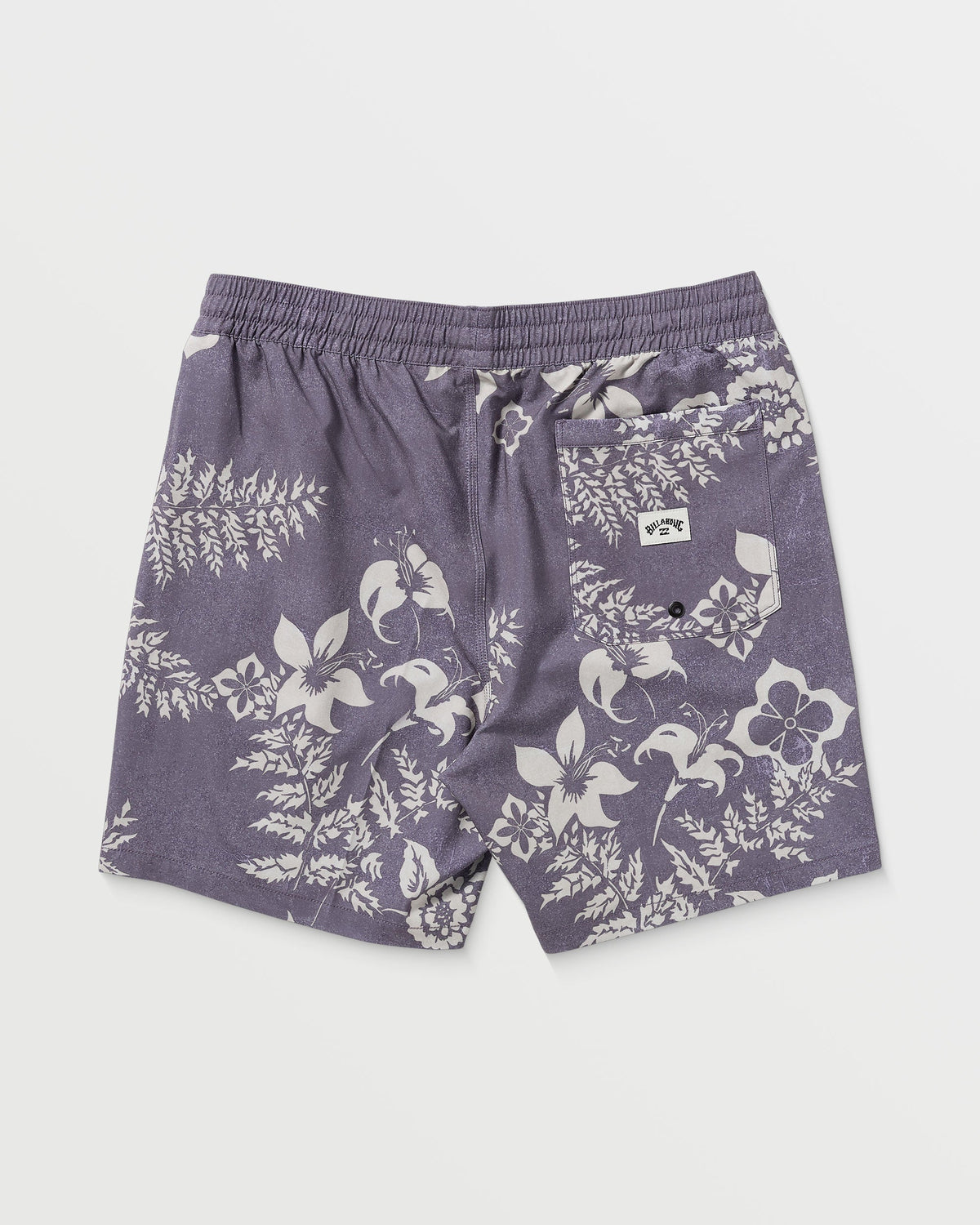 Light purple swim trunks with white floral and botanical print pattern, elastic waistband with drawstring, and side pocket.