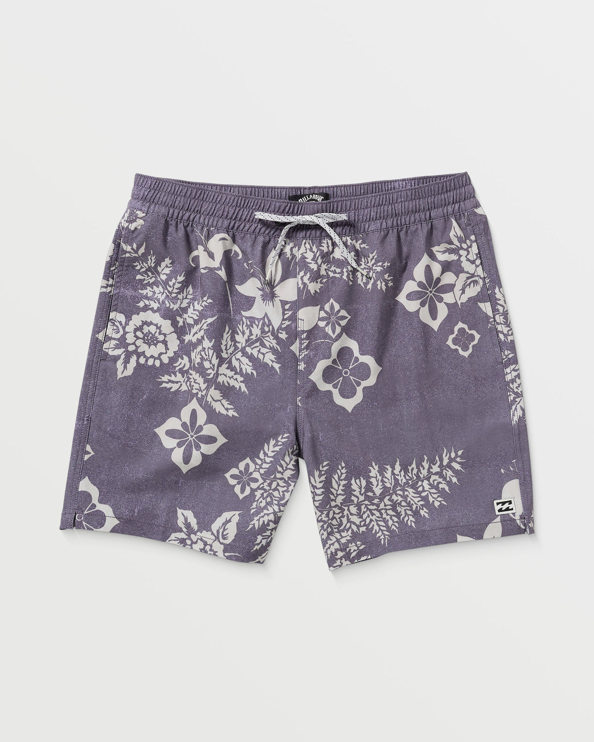 Light purple swim trunks with white floral and botanical print, drawstring waist, and side logo patch.