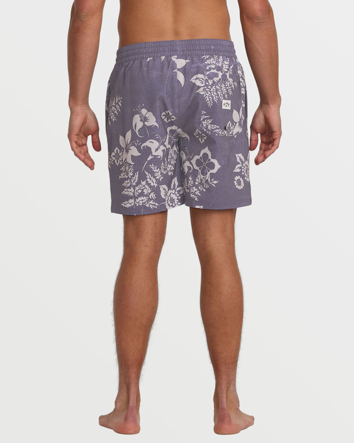 Light purple swim trunks with white floral and botanical print, 16" length.