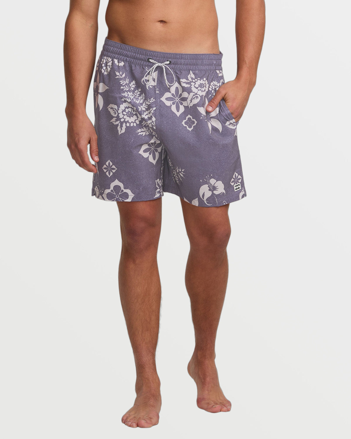 Light purple swim trunks with white floral print, drawstring waistband, and side pockets.