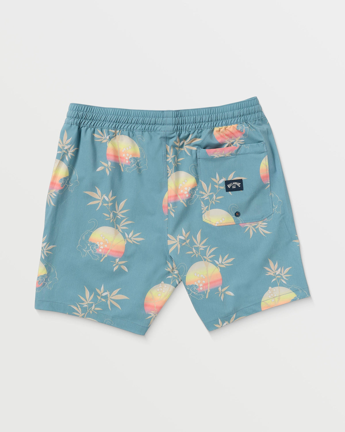 Washed blue swim trunks with sunset and bamboo leaf print throughout, elastic waistband, and back pocket.