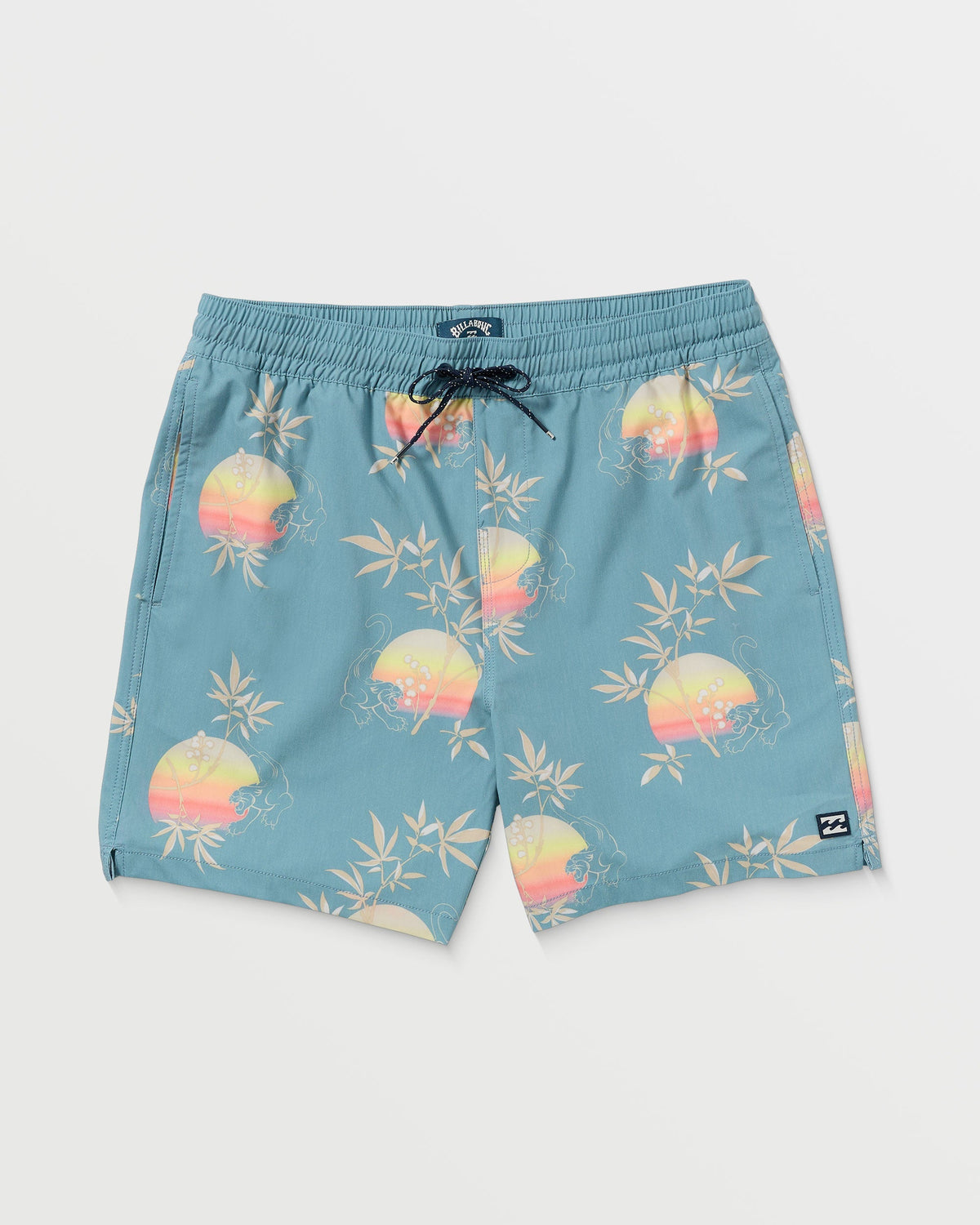 Washed blue swim trunks with gradient sunset and palm leaf pattern, drawstring waist, and side pockets.