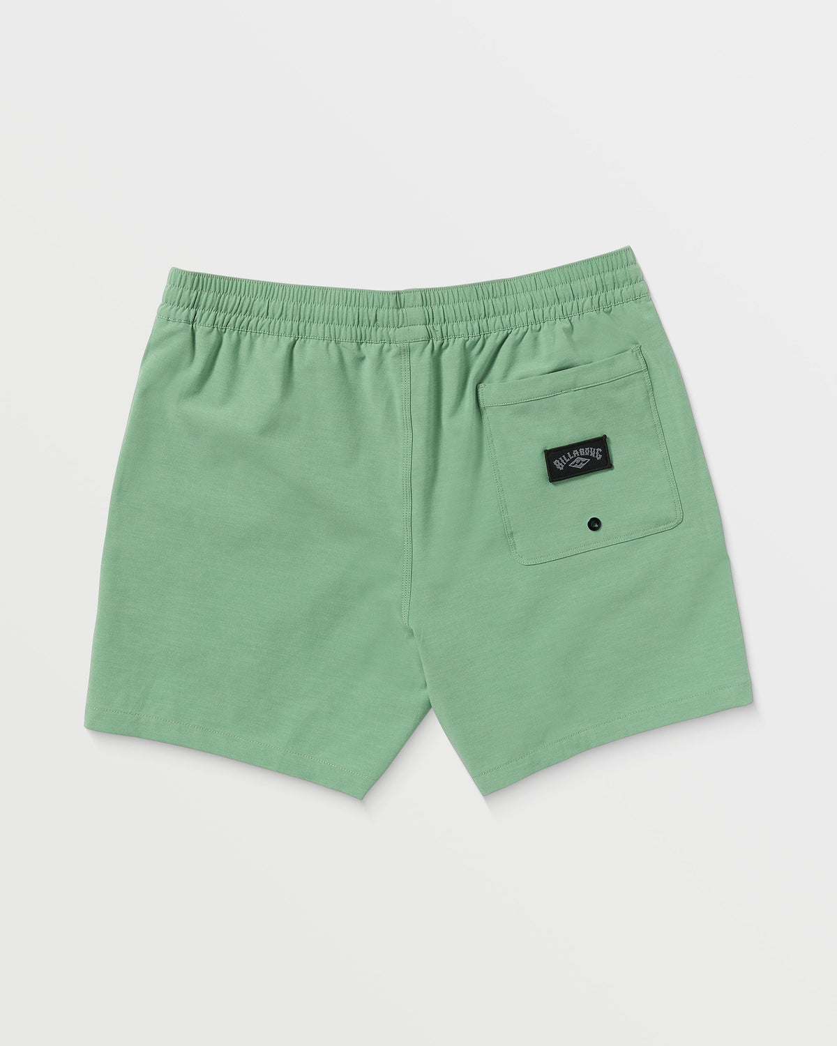 Moss green swim trunks with elastic waistband, back pocket, and brand label patch.