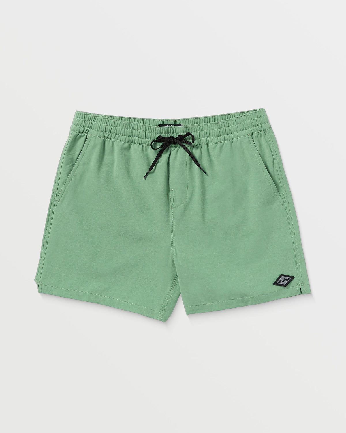 Moss green swim trunks with elastic waistband, black drawstring, side pockets, and small logo patch on leg.