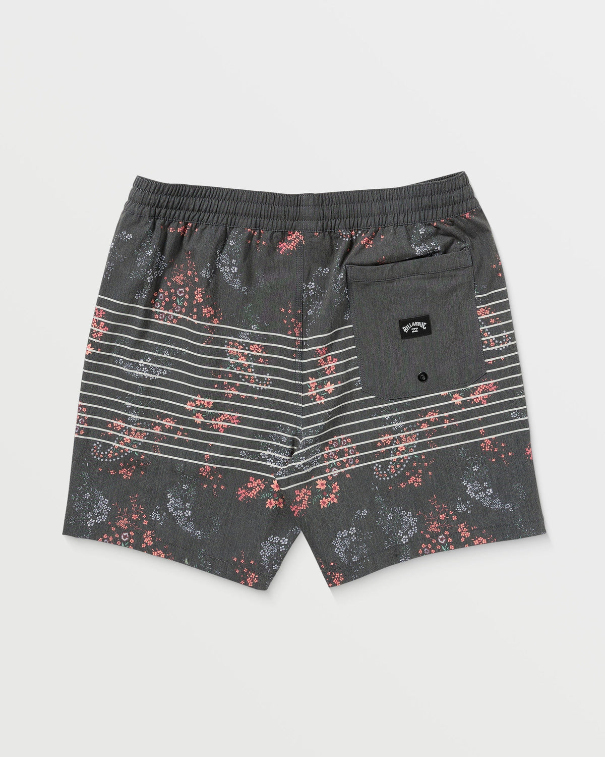 Charcoal swim trunks with horizontal white stripes and red floral print pattern, back pocket and elastic waistband visible.