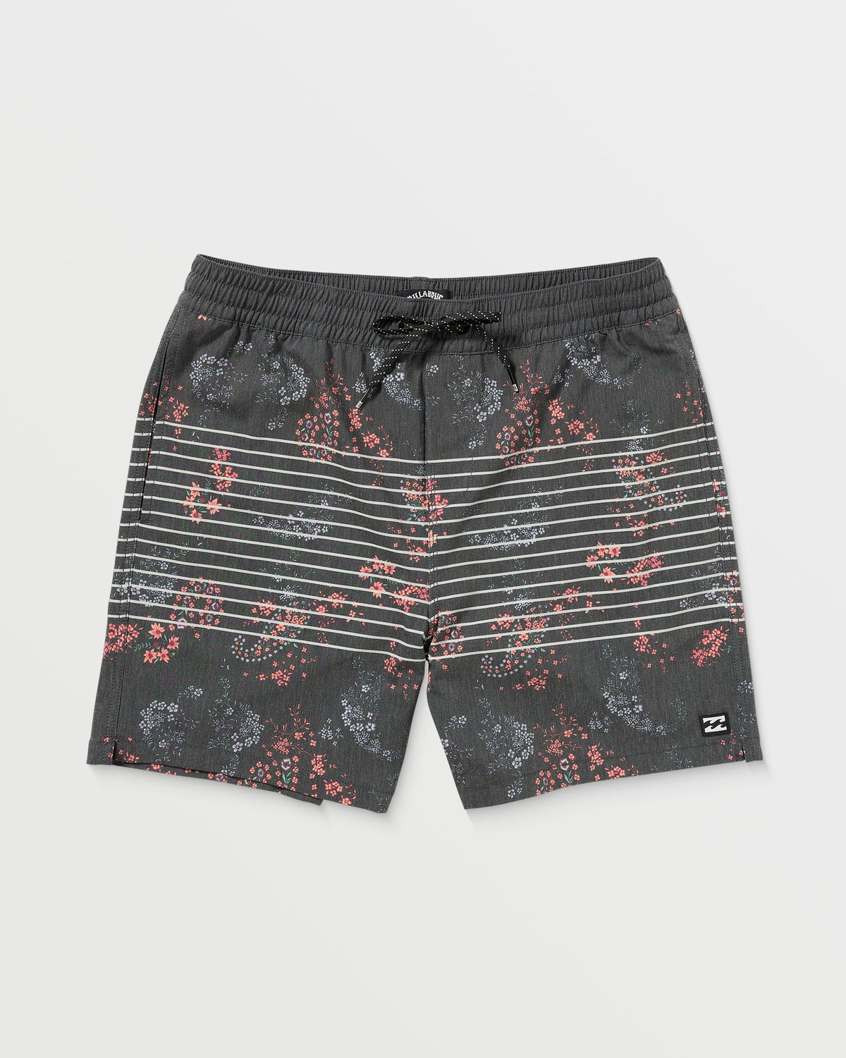 Dark gray swim trunks with coral and white floral print, horizontal stripes across center, and drawstring waistband.