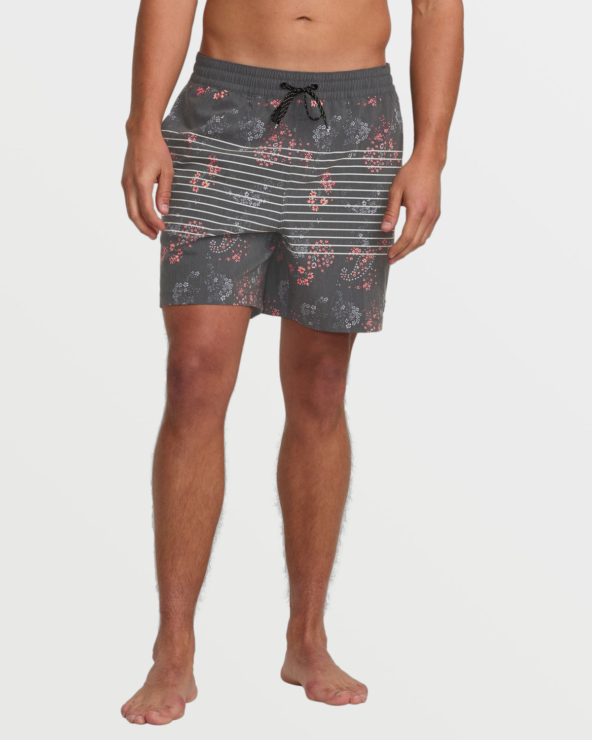 Gray swim trunks with horizontal stripes and pink floral pattern, drawstring waist.