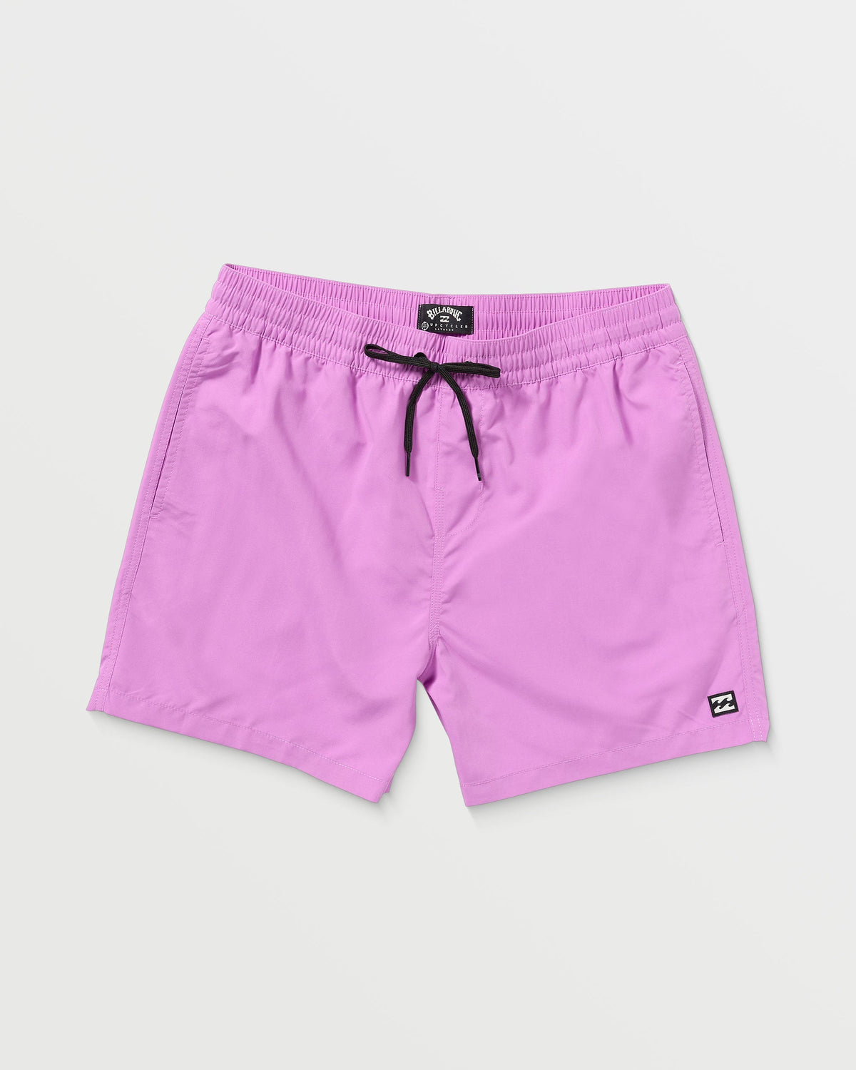 Fuschia swim trunks with drawstring waistband, side pockets, and brand logo patch on leg.