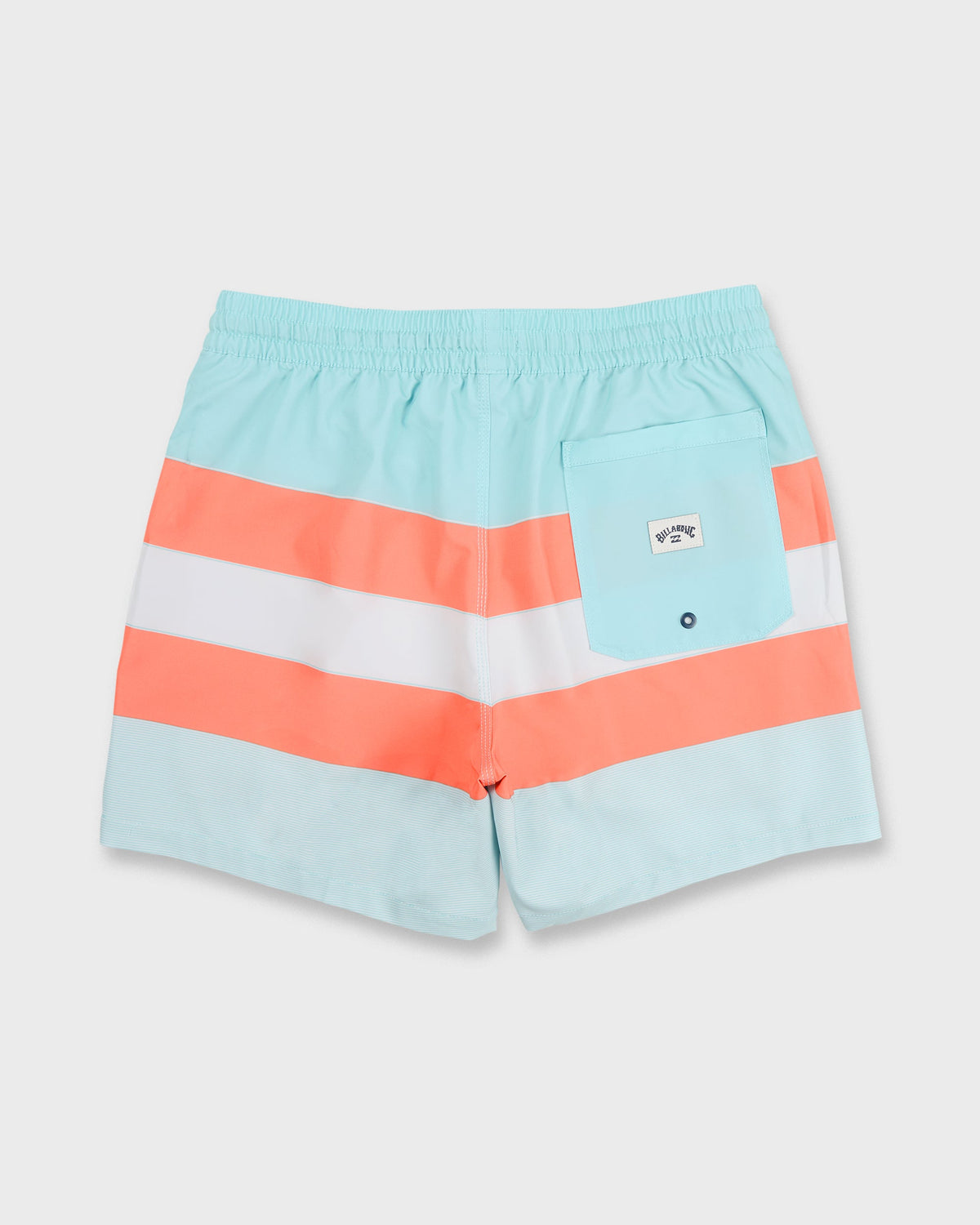 Dusty blue swim trunks with coral and white horizontal stripes, elastic waistband, and back pocket with brand patch.