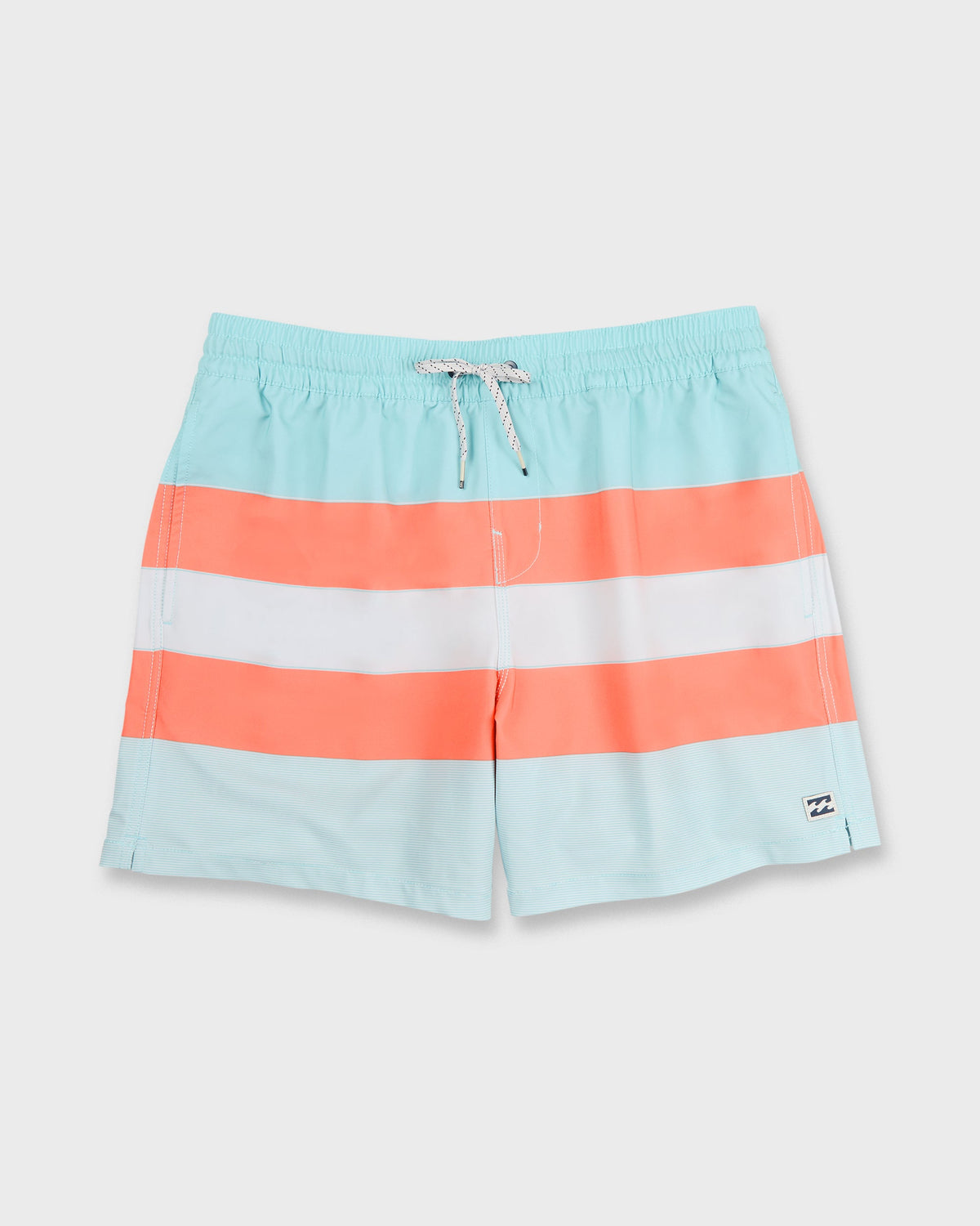 Dusty blue and coral striped swim trunks with drawstring waist and side logo patch.