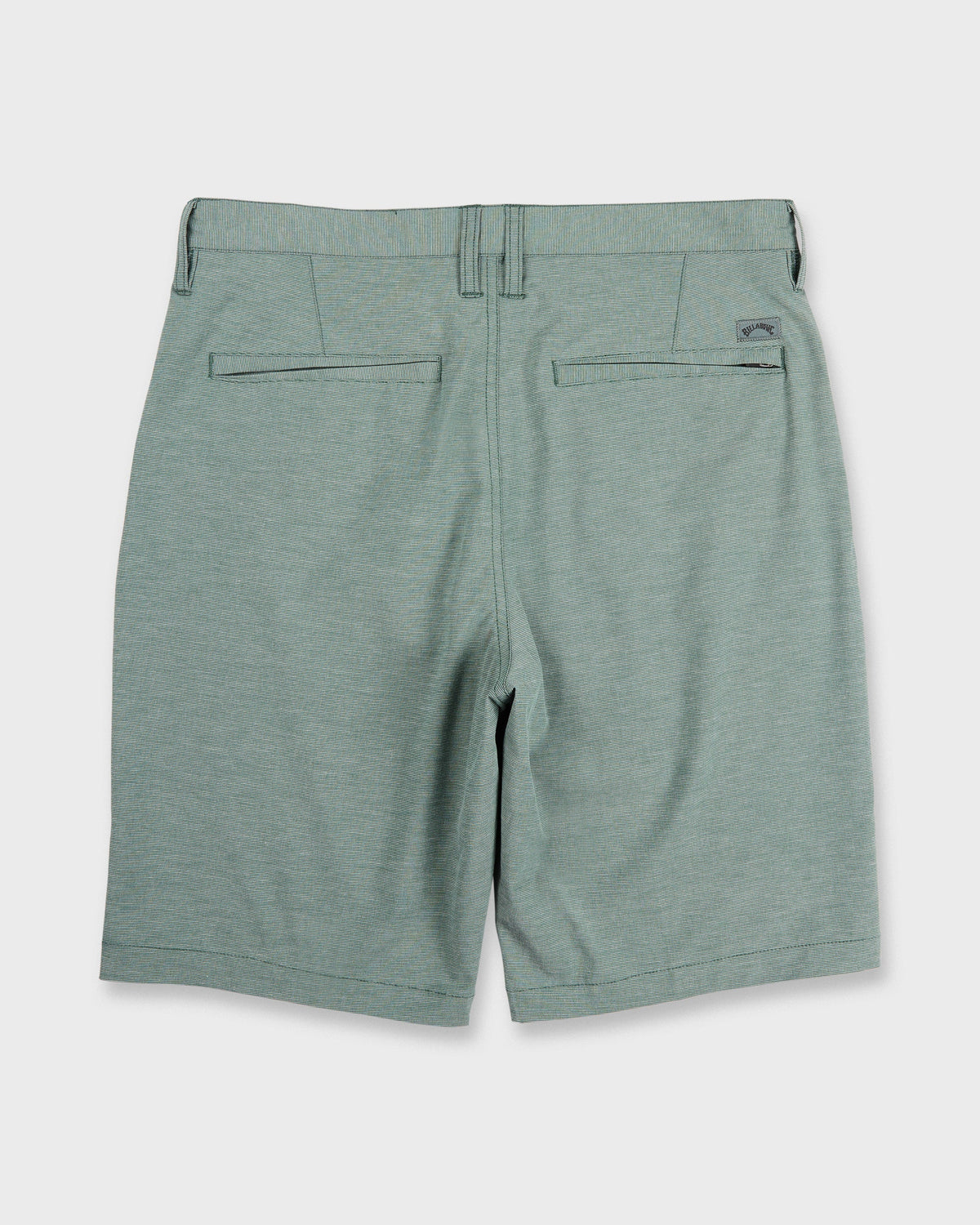 Dark slate hybrid shorts with back flap pockets and drawstring waistband, shown from rear view.