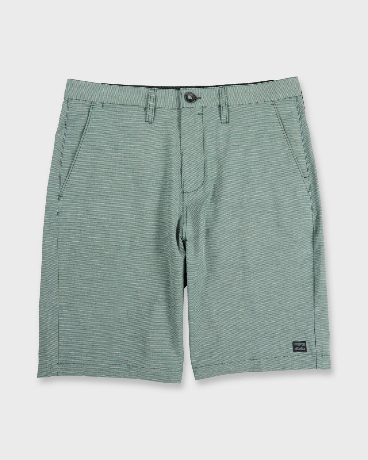Dark slate hybrid shorts with flat front, side pockets, and button closure displayed on neutral background.