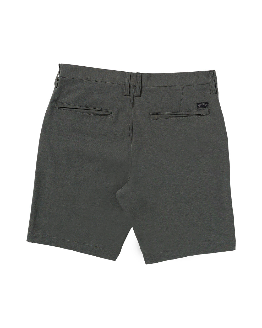 Dark gray hybrid shorts with flat front pockets and back flap pockets, displayed from rear view.