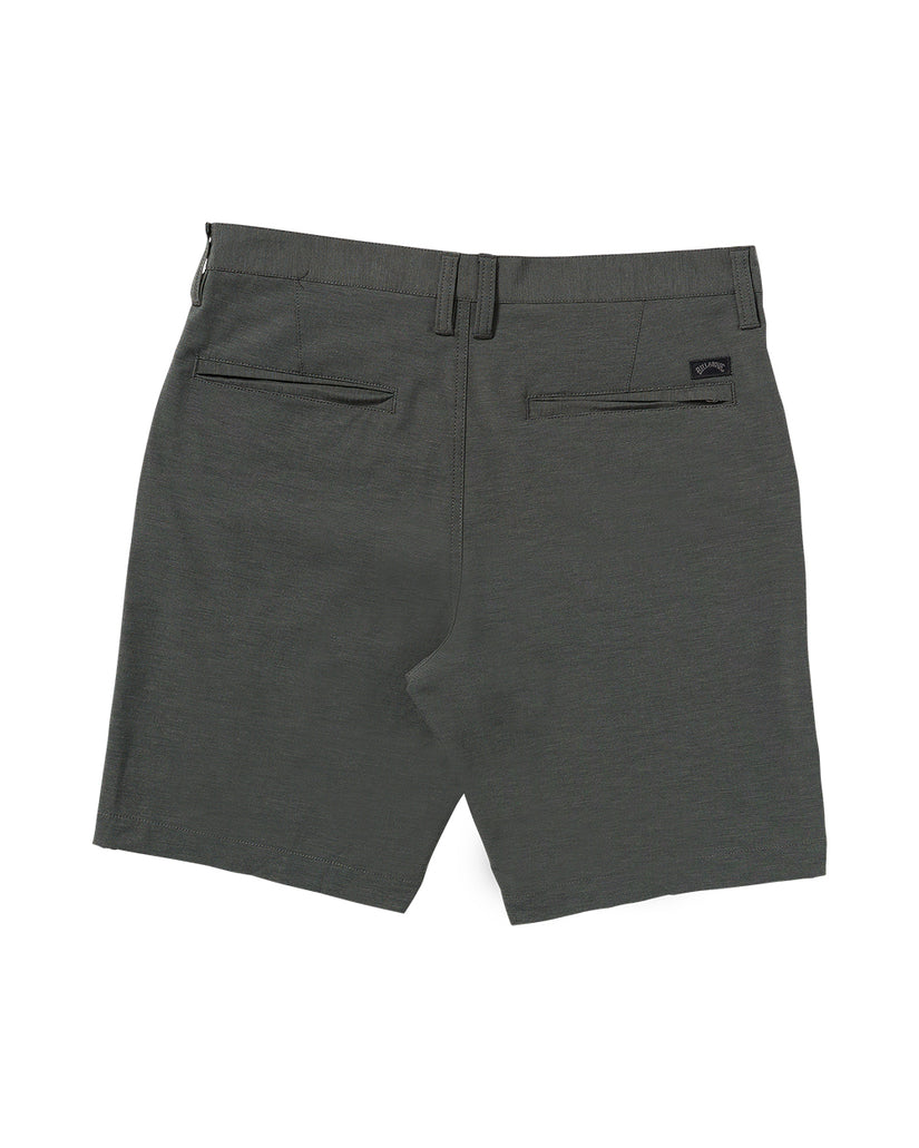 Dark gray hybrid shorts with flat front pockets and back flap pockets, displayed from rear view.