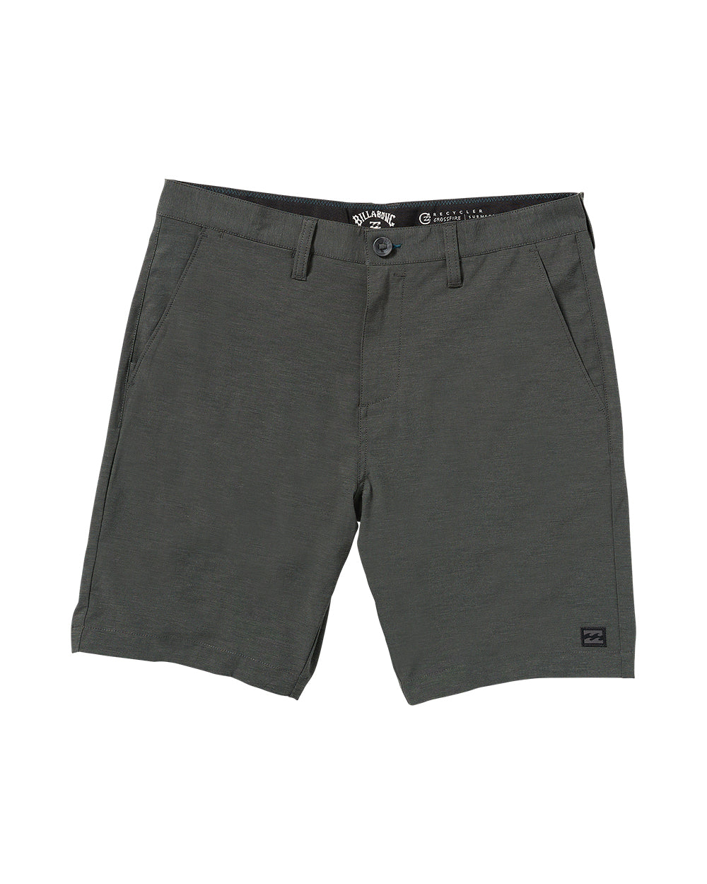 Charcoal gray hybrid shorts with flat front, side pockets, and button closure, displayed on flat background.