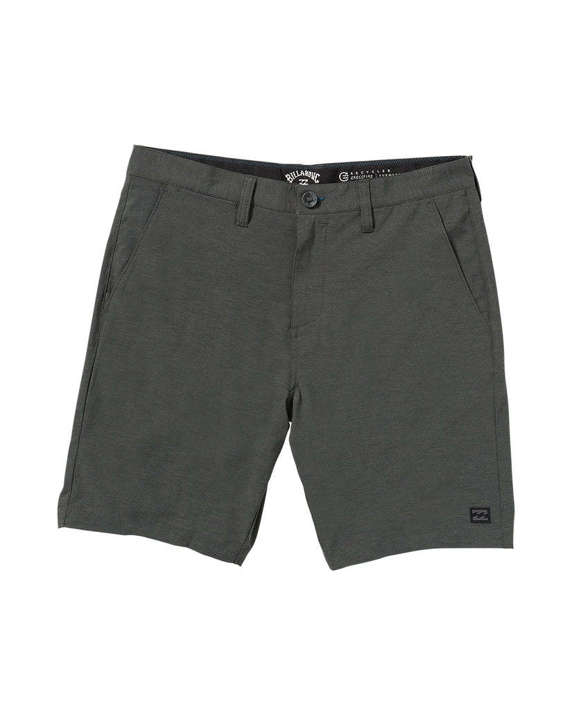 Charcoal gray hybrid shorts with flat front, side pockets, and button closure, displayed on flat background.