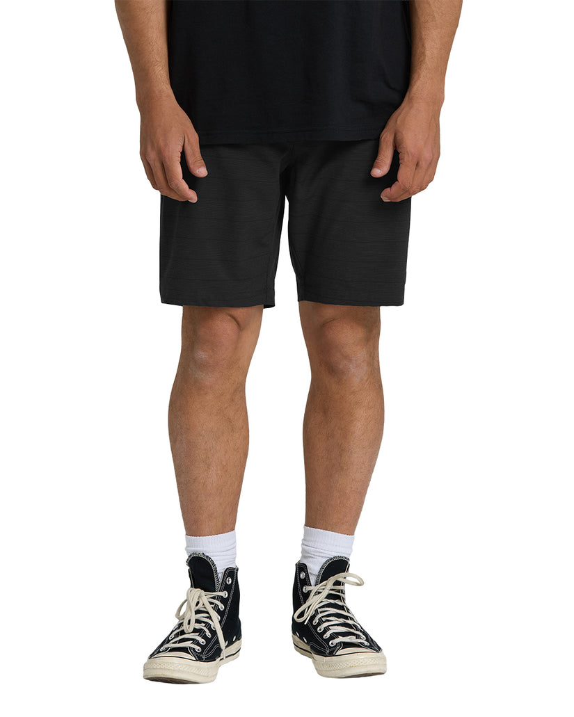 Black hybrid shorts with textured fabric worn with white socks and black high-top sneakers.