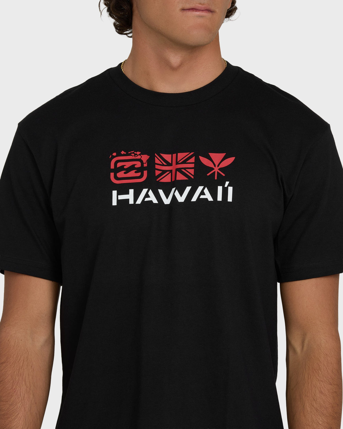 Black short-sleeve tee with red and white "Hawaii" graphic print on chest.