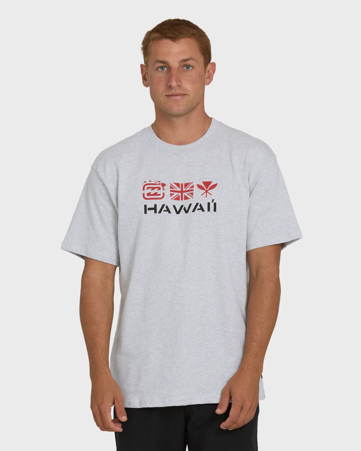 Heather gray short sleeve tee with red and black "Hawaii" graphic print across chest.
