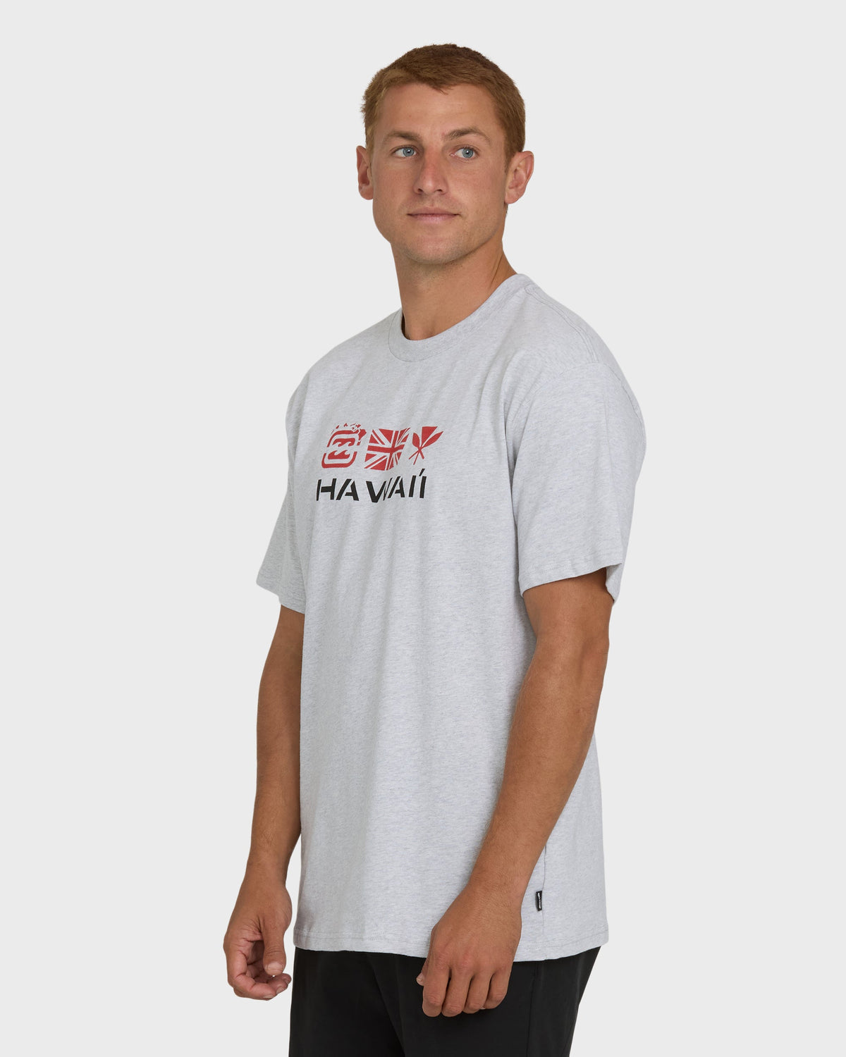 Heather gray short sleeve tee with red and black "Kahili Hawaii" graphic print on chest.