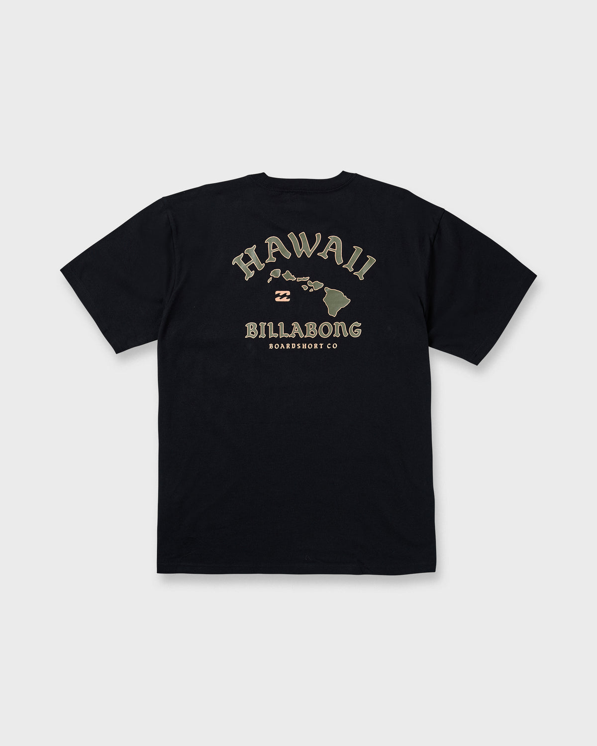 Black short-sleeve tee with "Hawaii" and island chain graphic with Billabong branding on chest.